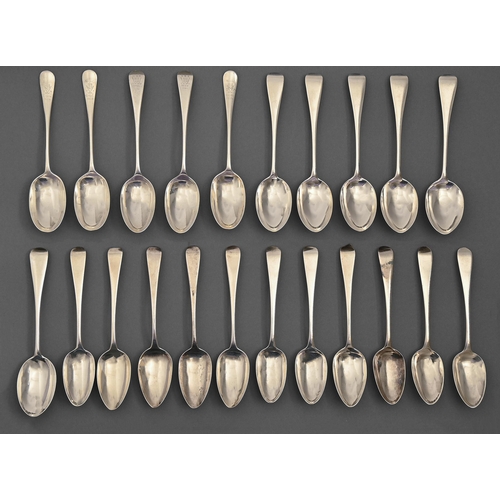 157 - Twenty-two silver dessert spoons, George III – Edward VII, Hanoverian and Old English pattern,... 