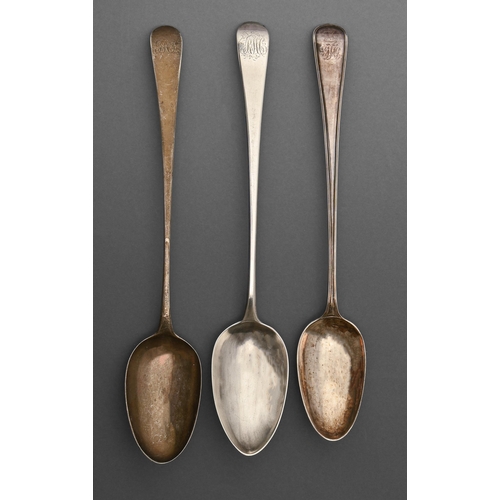 166 - Three George III silver basting spoons, Old English and Old English Thread patterns, one crested, al... 