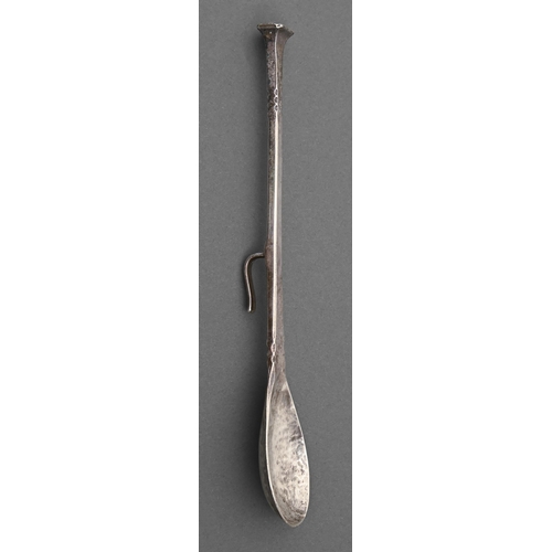 169 - Guild of Handicraft. An Arts & Crafts silver honey spoon, the hammer textured fig shaped bowl on... 