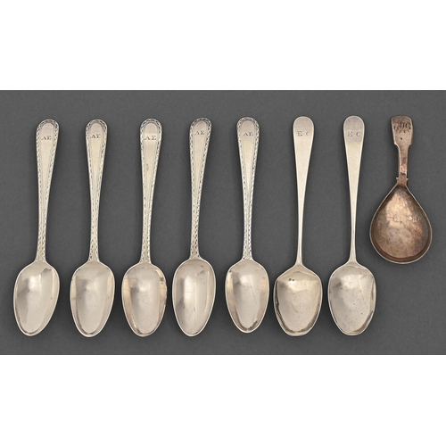 188 - A set of five George III silver teaspoons, Feather Edge pattern, part marked, London 1784 and three ... 