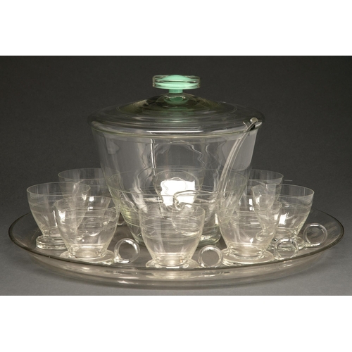 386 - A glass punch set, mid 20th c, comprising punch bowl and cover, ladle, eight cups and tray, tray 44c... 