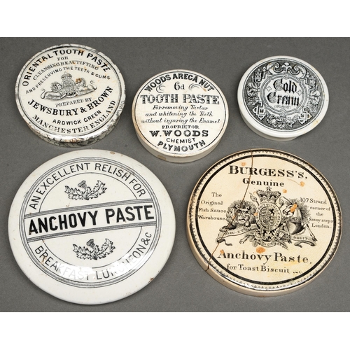 475 - Five Victorian pot lids, advertising Woods Areca Nut Toothpaste and other products, one with marbled... 