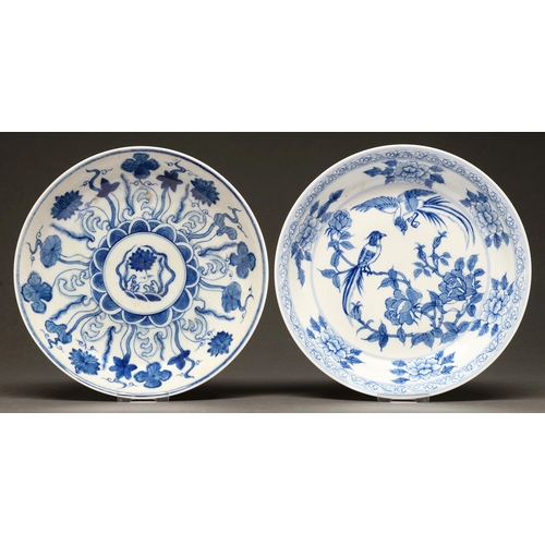 479 - Two Chinese blue and white saucer dishes, 20th c, one finely potted with gently everted rim and pain... 