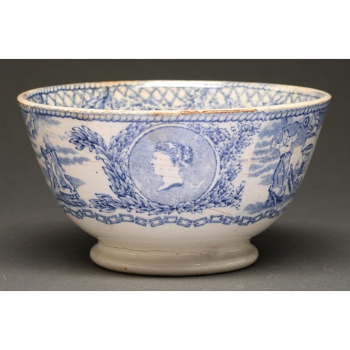 480 - Mess Pottery. A Victorian blue printed earthenware bowl, transfer printed with the head of Queen Vic... 