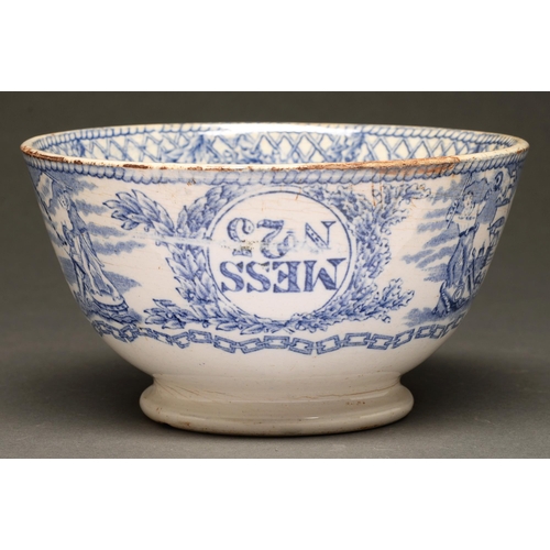 480 - Mess Pottery. A Victorian blue printed earthenware bowl, transfer printed with the head of Queen Vic... 