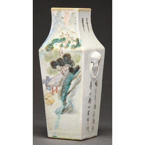 484 - A Chinese porcelain square vase, 19th / 20th c, painted with two scenes with an immortal alternating... 