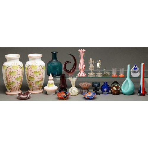 488 - A quantity of decorative glassware, including a pair of Victorian enamelled glass vases, 32cm h, mid... 