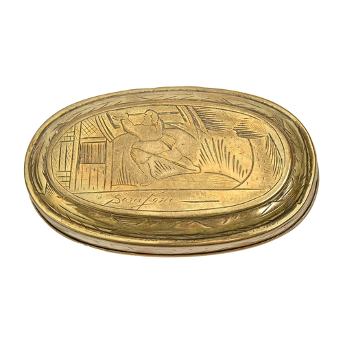 513 - A Dutch oval brass tobacco box, 18th c, the lid engraved with Moses, the underside with another figu... 