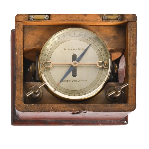 573 - A brass galvanometer, the dial inscribed Telegraph Works Silvertown London, in fitted stained wood b... 