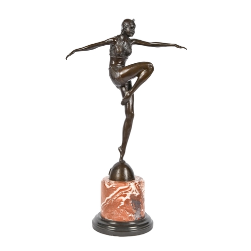 575 - A bronze sculpture of a dancer, late 20th c, in Art Deco style, on marble and slate base, bearing ma... 