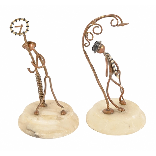 583 - A pair of wirework figurines on alabaster base, 1930s, 15cm h