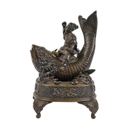 593 - A Japanese bronze censer in the form of Kinko riding a carp, Meiji period, 32cm h; 22cm w... 