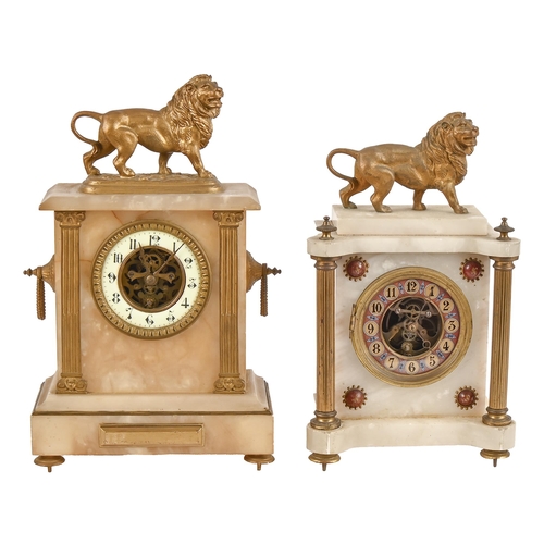 601 - A French alabaster and giltmetal architectural mantel clock, early 20th c, mounted with a lion, enam... 