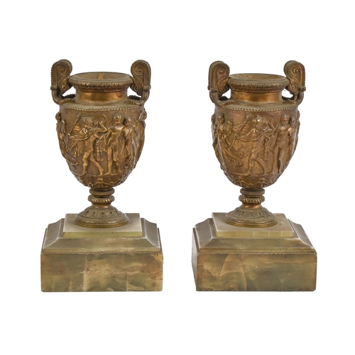 602 - A pair of French fin de siecle spelter gilt copies of the Townley vase, c1900, on green onyx plinth,... 