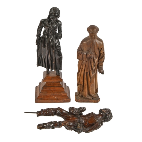 605 - A Continental carved wood figure of a saint, early 20th c, 26cm h and a contemporary pair of stained... 