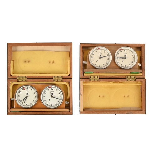 607 - Two Hungarian MOM chess lightwood time clocks, c1960/70, 22.5cm l, both cased