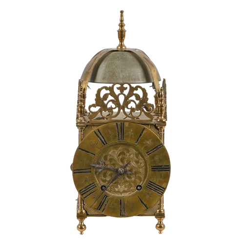 609 - An English brass lantern clock, c1900, in 17th c style, pendulum and key, 36cm h; 17cm w over dial... 