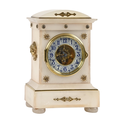 616 - A French giltmetal mounted alabaster mantel clock, with painted enamel dial, the brass movement stam... 