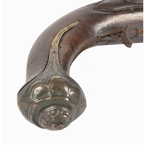 631 - An English full stocked 20 bore flintlock pistol, 18th c, with 26.5cm barrel, brass butt cap... 