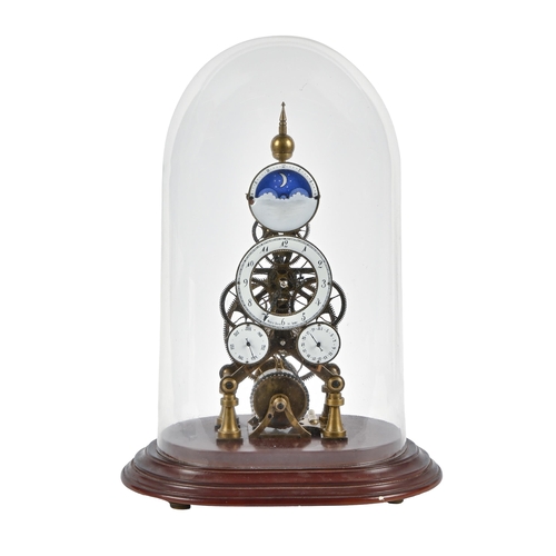 651 - A reproduction Austrian brass skeleton clock, late 20th c, with enamel chapter ring, subsidiary dial... 