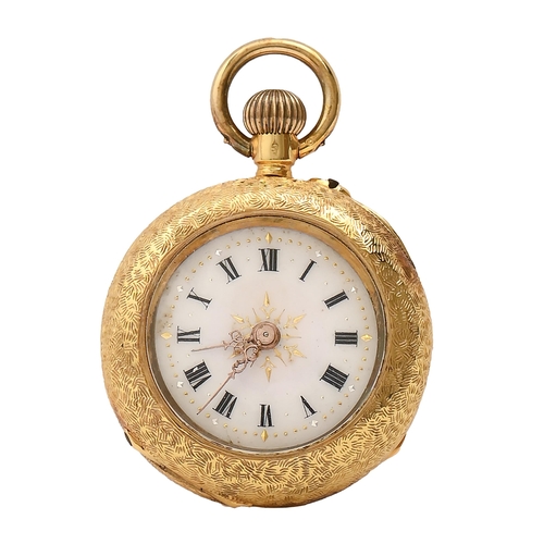 81 - A Swiss gold keyless cylinder lady's watch, c1900, in foliate engraved case, gold cuvette, 28mm diam... 