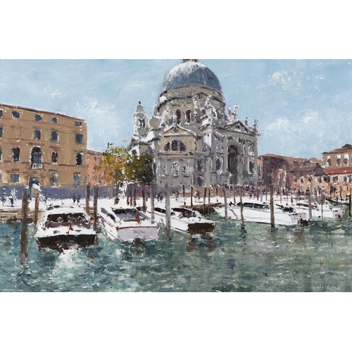 838 - Gerald Green (1947 -) - Salute Moorings, Venice, signed oil on board, 39.5 x 39.5cm