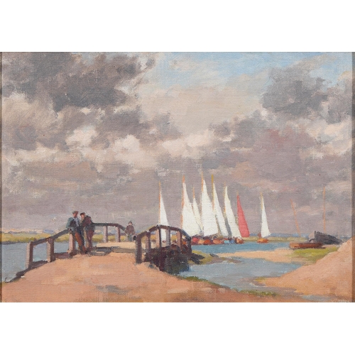 843 - British School, 20th C - Sailing Boats on the Norfolk Broads, oil on canvas board, 28.5 x 40cm... 