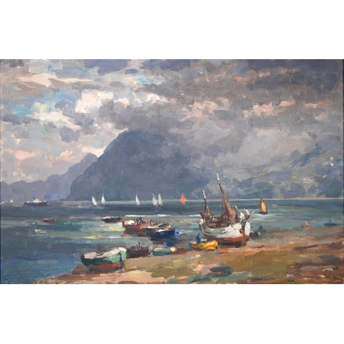 851 - Gyrth Russell (1892-1970) - Coastal Scene with Moored Boats, signed, oil on canvas, 49 x 75cm... 