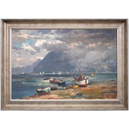 851 - Gyrth Russell (1892-1970) - Coastal Scene with Moored Boats, signed, oil on canvas, 49 x 75cm... 