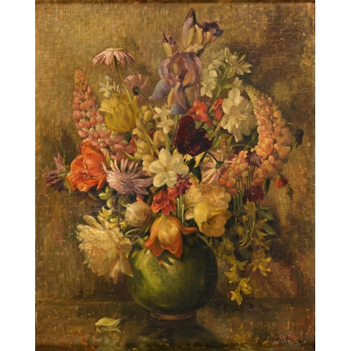 861 - F Williams - Anglers by a Mountainous River, signed and dated 21, 46 x 29cm, Still Life of Flowers i... 