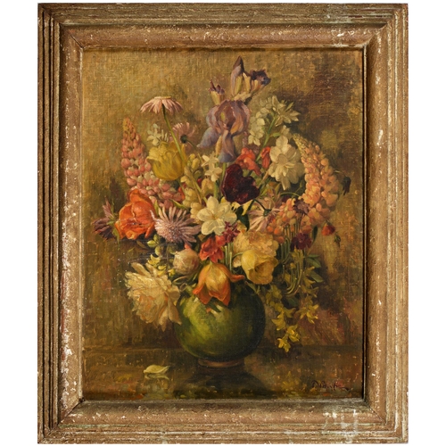 861 - F Williams - Anglers by a Mountainous River, signed and dated 21, 46 x 29cm, Still Life of Flowers i... 