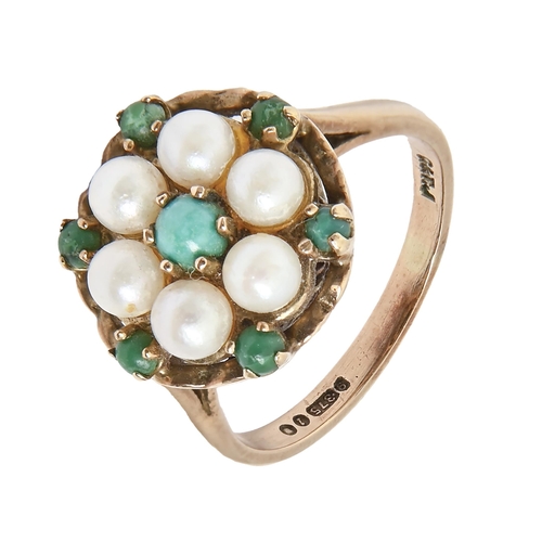 87 - A turquoise and cultured pearl ring, in 9ct gold, London 1966, 4.9g, size L