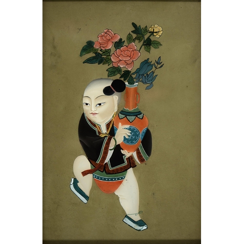 870 - Two Chinese glass paintings of a woman with a scroll and a boy carrying a vase of flowers, 20th c, 4... 