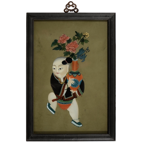 870 - Two Chinese glass paintings of a woman with a scroll and a boy carrying a vase of flowers, 20th c, 4... 