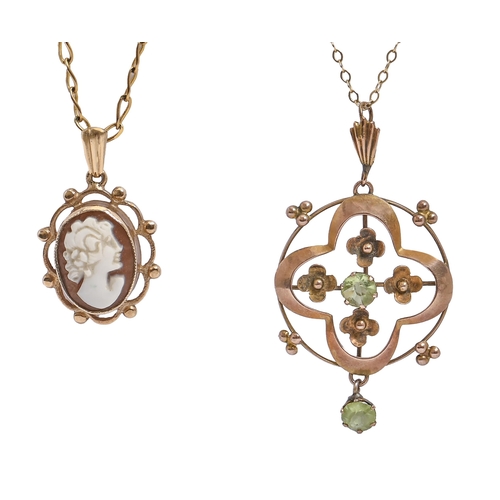 88 - A peridot openwork pendant, early 20th c, in gold, 42mm h and a cameo pendant, 9ct gold, each on gol... 