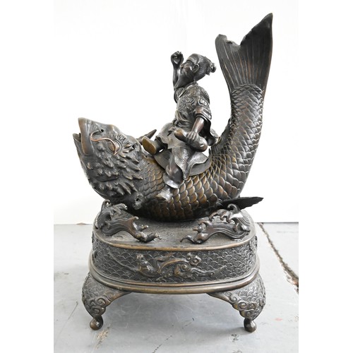 593 - A Japanese bronze censer in the form of Kinko riding a carp, Meiji period, 32cm h; 22cm w... 