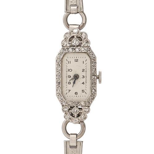 155 - A diamond and white gold cocktail watch, c1940, Ibex movement, 14 x 33mm, stainless steel bracelet... 