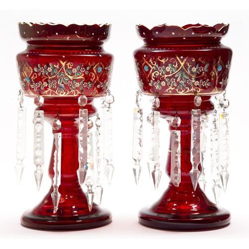 622 - A pair of Bohemian ruby flashed, enamelled and gilt glass lustres, late 19th c, 35cm h... 