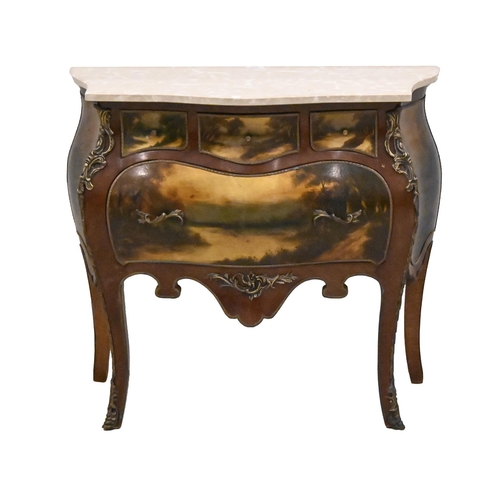 1135 - A French mahogany and vernis Martin petite commode, in Louis XV style, 20th c, with gilt lacquered m... 