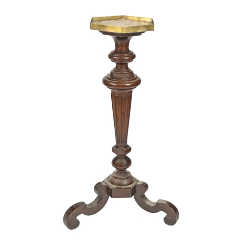 1142 - A Victorian oak torchere, the hexagonal top with brass surround, on three scroll feet, 108cm h; 31 x... 