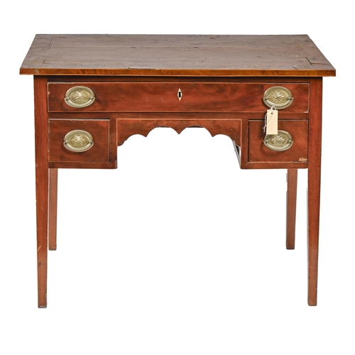 1143 - A George III mahogany and line inlaid lowboy, with shaped apron, on square tapered legs, 71cm h; 50 ... 