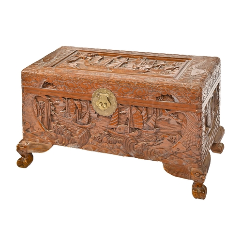 1147 - A South East Asian carved camphor wood chest, second half 20th c, 37cm h; 69 x 34cm