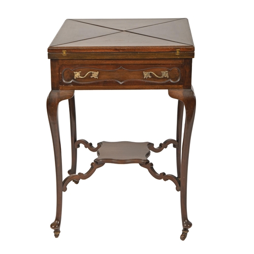 1150 - An Edwardian mahogany card table, with 'envelope' top, brass handles, 74cm h; 53 x 53cm... 