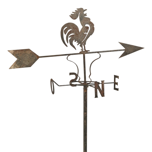 1155 - A wrought iron crowing cock weather vane, mid 20th c, 68cm h, dart 118cm l, and a supporting tube... 