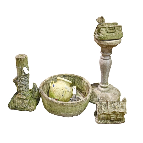 1221 - A quantity of reconstituted stone garden ornaments, including pedestal 70cm h, planter 20cm h x 55cm... 