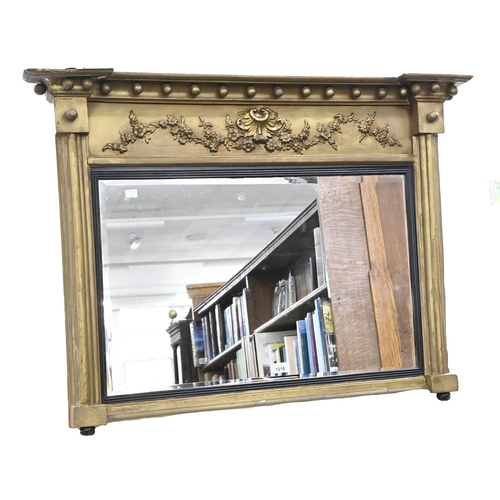 1018 - A 19th c giltwood and composition over mantel mirror, with bevelled plate, 72 x 92cm... 