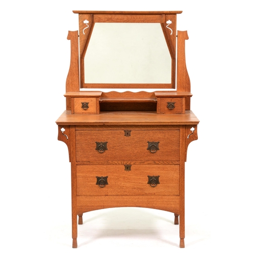 1086 - An oak  mirror back dressing table,  in Art Nouveau style,  154cm h; 92 x 56cm