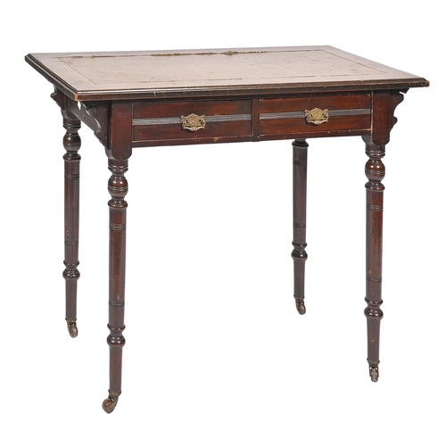 1107 - A Victorian mahogany writing table, with leather inlet top, turned legs with pottery castors, 76cm h... 