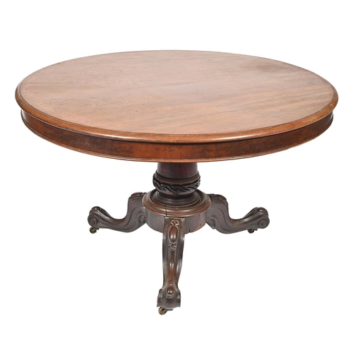 1109 - A Victorian mahogany loo table,  the carved pedestal base with brass castors, 72cm h, 115cm diam... 