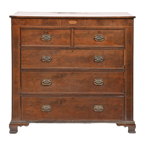 1110 - A Victorian mahogany inlaid chest of drawers,  on bracket feet, later brass handles, decorated with ... 